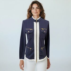 Boston Proper Navy Blue Utility Jacket with Gold Zippers & Pockets Size S
